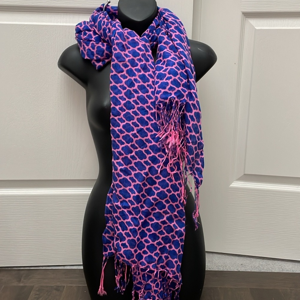 Bright Blue and Neon Pink Geometric Patterned Scarf
